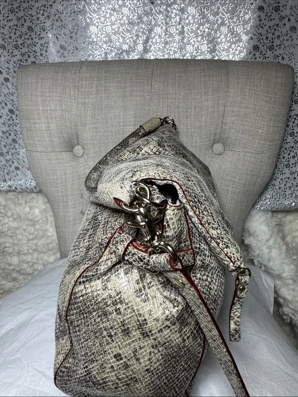 kate spade Snake-Print Shoulder and cross body Bag in Cream & Gray with Red Trim